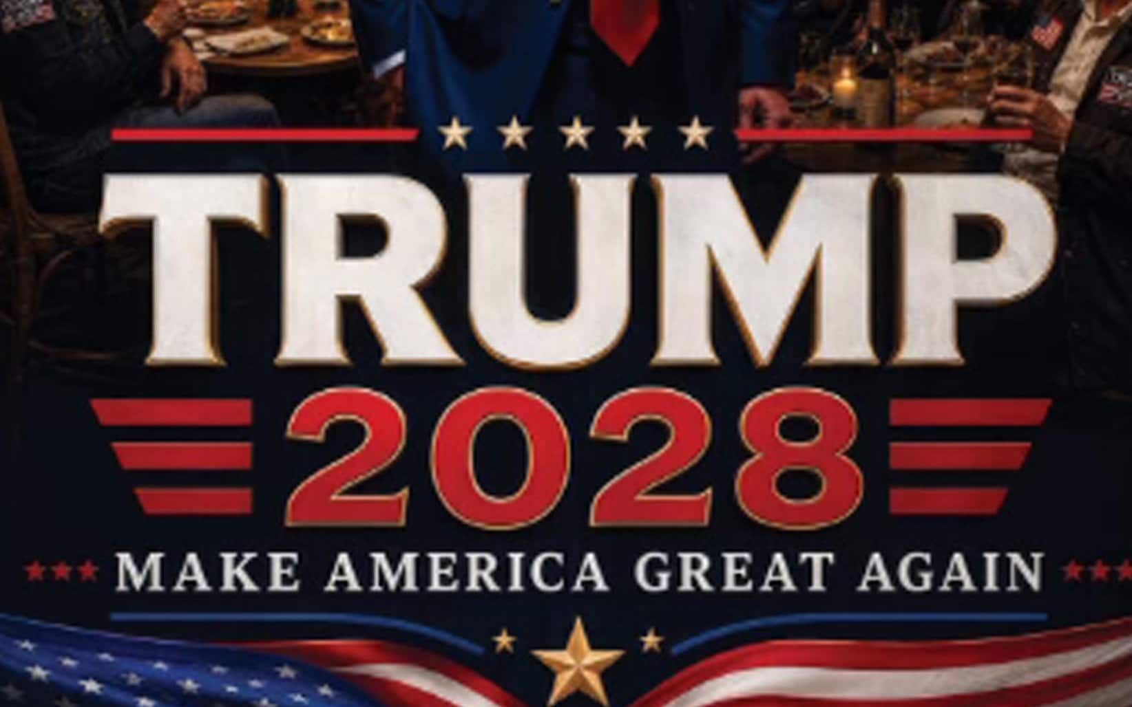 L'immagine pubblicata da Donald Trump sul suo social Truth con la scritta: "Trump 2028. Make America Great Again", 1 agosto 2026. Sullo sfondo la bandiera americana, il pubblico che brinda e la scritta Maga 2028. TRUTH/realDonaldTrump +++  ATTENZIONE: L'ANSA NON POSSIEDE I DIRITTI DI QUESTA FOTO CHE NON PUO'  ESSERE PUBBLICATA SENZA L'AUTORIZZAZIONE DELLA FONTE DI ORIGINE CUI SI RINVIA  +++ NPK +++ 