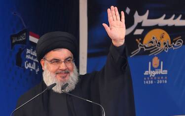 Lebanon's Shiite movement Hezbollah's leader Hassan Nasrallah addresses a crowd during commemorations for Ashura in a southern Beirut suburb on October 12, 2016.
Hezbollah held a procession to mourn the seventh-century killing of the Prophet Mohammed's grandson.
 / AFP / PATRICK BAZ        (Photo credit should read PATRICK BAZ/AFP via Getty Images)