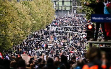 IPA90112375 - PARIS, FRANCE - OCTOBER 24: Demonstrators attend a protest near Porte d'Ivry in Paris, France, on October 24, 2026, amid ongoing social and political tensions in France.//SOTTOSAMUEL_sotto151356/Credit:Samuel Sotto/SIPA/2610241513