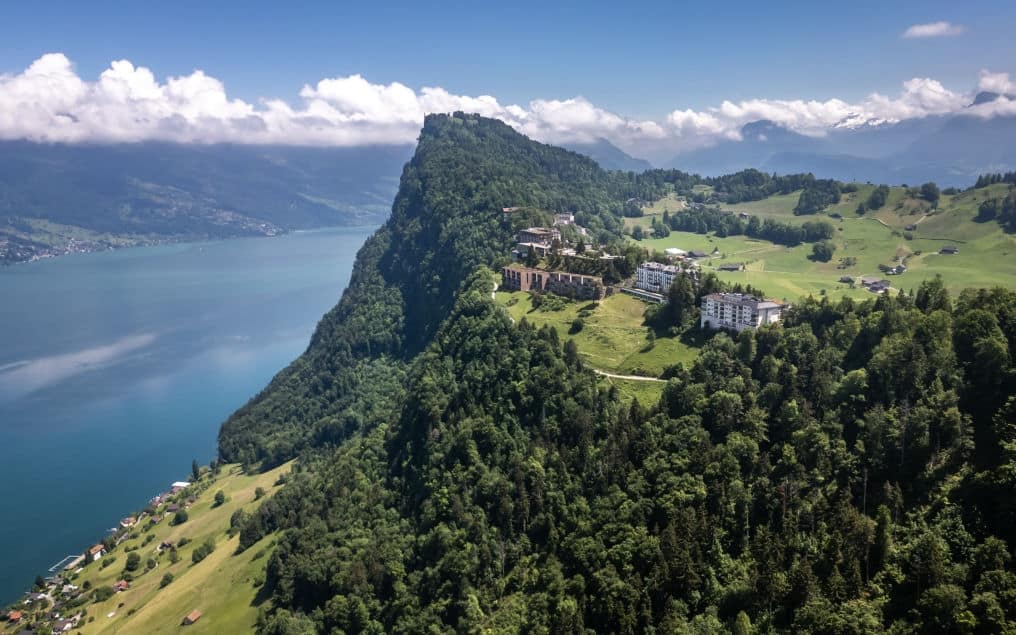This aerial photograph taken on June 4, 2024, shows the Burgenstock resort above Lake Lucerne that will host a Ukraine peace summit on June 15-16, 2024. US Vice President Kamala Harris will travel to Switzerland for a Ukraine peace summit, officials said on June 3, 2024, with President Joe Biden opting instead to attend an election fundraiser featuring George Clooney. (Photo by Fabrice COFFRINI / AFP) (Photo by FABRICE COFFRINI/AFP via Getty Images)          