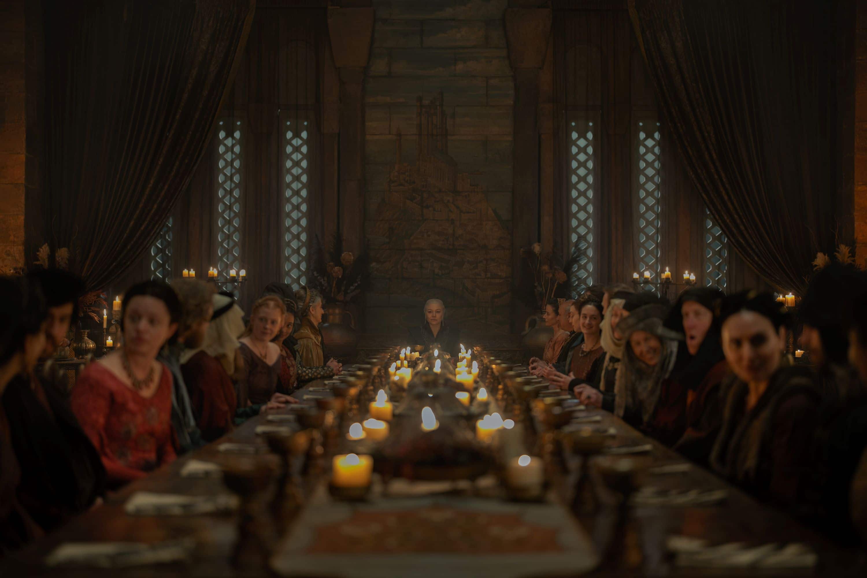Il banchetto dato da Rhaenyra (Emma D'Arcy) nel terzo episodio della terza stagione di House of the Dragon (HBO)