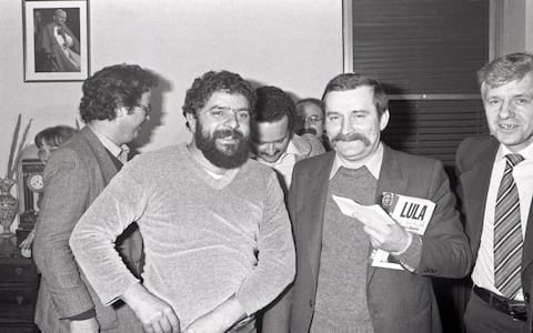 ROME, ITALY - 16 JANUARY 1981: A meeting between the leaders of Polish and Brazilian trade unions. Pictured: Luiz Inacio Lula da Silva - leader of the Workers' Party and Lech Walesa - leader of the Solidarity movement. Rome, Italy, on January 16th, 1981.   (Photo by Wojtek Laski/Getty Images)