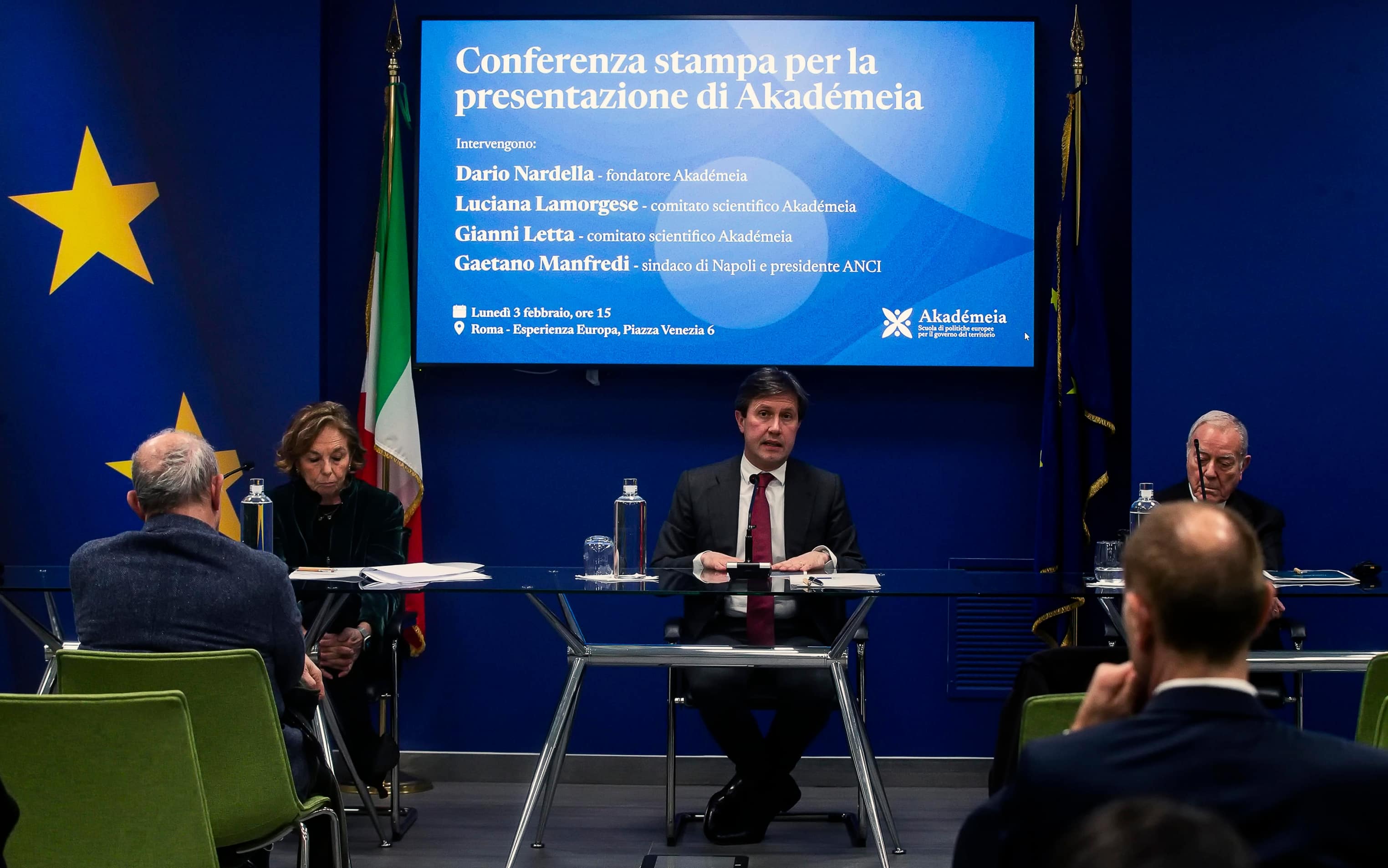 Dario Nardella, fondatore di Akademeia, con Luciana Lamorgese e Gianni Letta, membri del comitato scientifico, durante la presentazione di 'Akademia', nuova scuola europea per formare una giovane generazione di amministratori locali, presso Esperienza Europa, Roma, 03 febbraio 2025. ANSA/ANGELO CARCONI