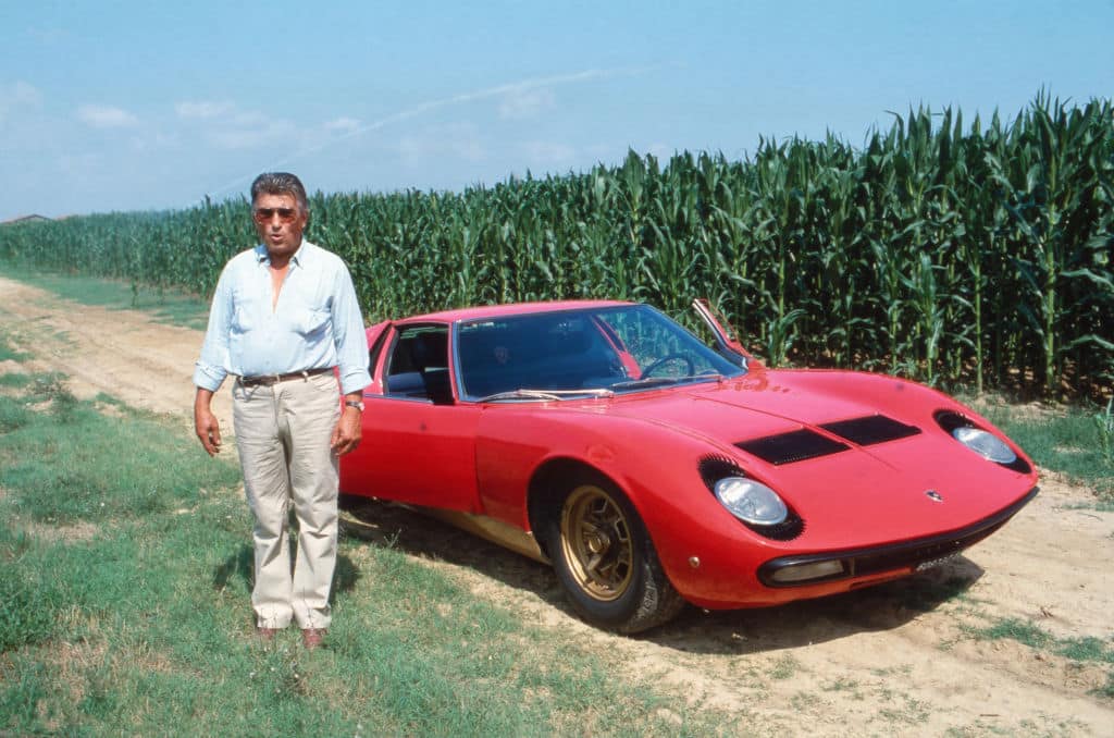 Italien engineer and car designer Ferruccio Lamborghini with his car at his vineyard at Perugia, Italy 1991. (Photo by Wolfgang Kuhn/United Archives via Getty Images)