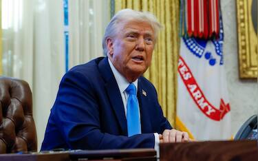 WASHINGTON, DC - FEBRUARY 04: U.S. President Donald Trump speaks with reporters after signing two executive orders in the Oval Office of the White House on February 04, 2025 in Washington, DC. Trump signed an executive order "reimposing maximum pressure on Iran" and an executive order withdrawing the United States from the United Nations Relief and Works Agency for Palestine Refugees in the Near East and the United Nations Human Rights Council. (Photo by Anna Moneymaker/Getty Images)