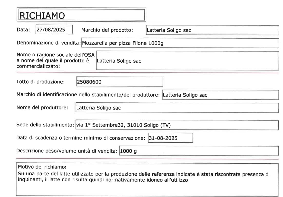 La nota di richiamo pubblicata dal ministero
