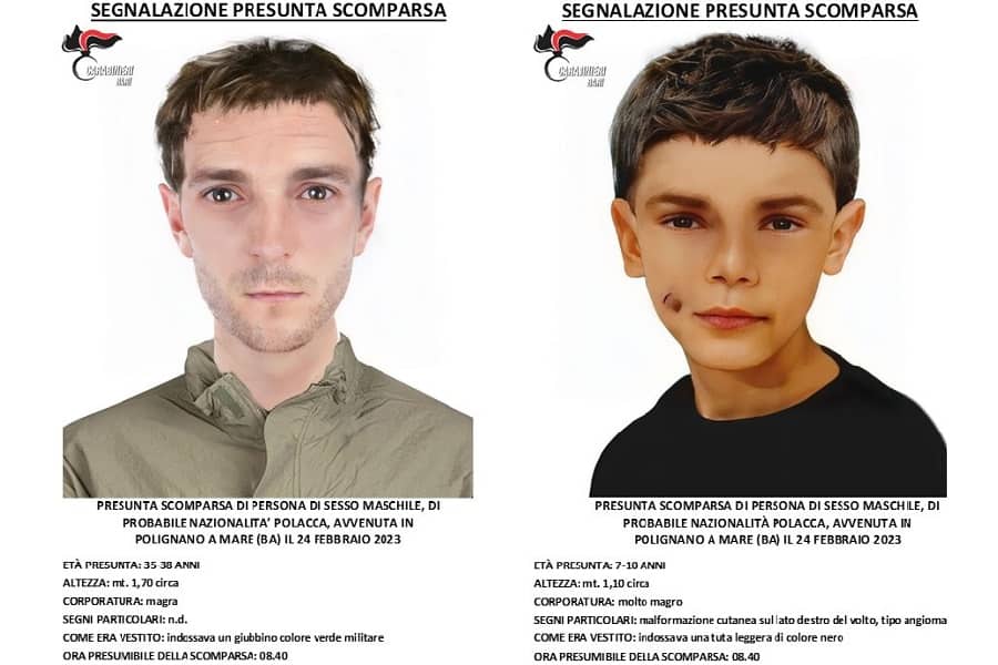 I carabinieri hanno diffuso gli identikit delle due persone, un uomo e un bambino, che secondo alcune segnalazioni , potrebbero essere finiti in acqua il 24 febbraio scorso a Polignano a Mare dopo aver lasciato giubbotti e scarpe sulla scogliera della terrazza di largo Ardito, a strapiombo sul mare, 3 marzo 2023.
ANSA/US Carabinieri + PRESS OFFICE, HANDOUT PHOTO, NO SALES, EDITORIAL USE ONLY + NPK
