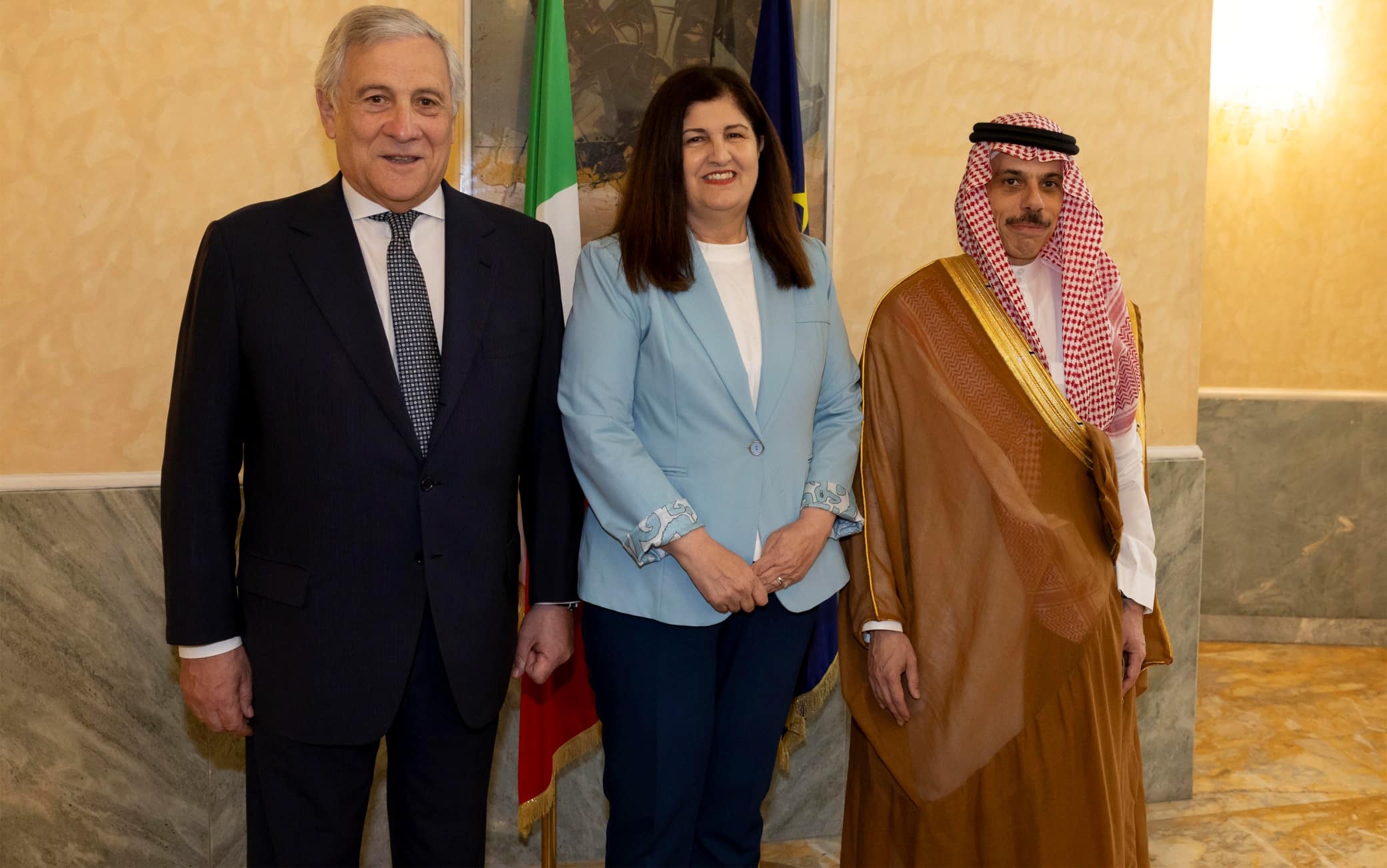 L to R Foreign Minister Antonio Tajani, Palestinian Minister of Foreign Affairs and Expatriates Varsen Aghabekian, and Saudi Foreign Minister Faisal bin Farhan Al Saud pose for photographers during a break in the second day of meetings of the Global Alliance for the Two-State Solution at the Farnesina, Rome, July 29, 2026. ANSA/MASSIMO PERCOSSI
