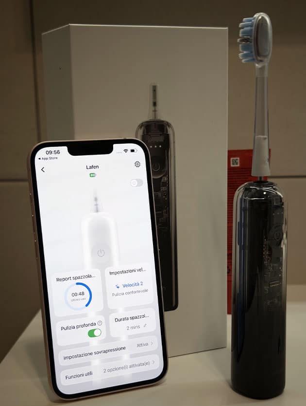 Attraverso l’app è possibile impostare la velocità e l’ampiezza di vibrazione e oscillazione