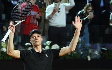 Jannik Sinner of Italy celebrates at the end of his men's singles match against Mariano Navone of Argentina (not pictured) at the Italian Open tennis tournament at Foro Italico sports complex in Rome, Italy, 10 May 2025. 
ANSA/ALESSANDRO DI MEO