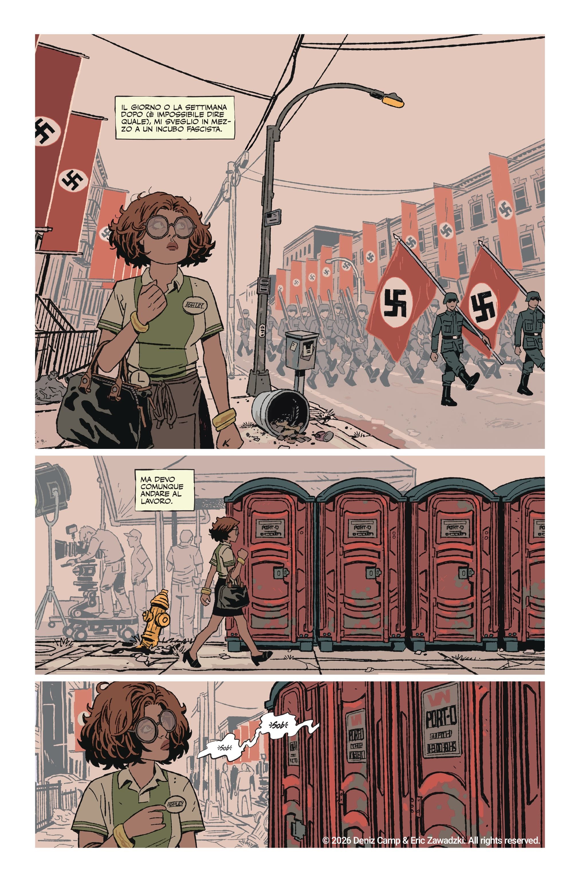 Una tavola tratta da Assorted Crisis Events, di Deniz Camp, Eric Zawadzki e Jordie Bellaire (Panini Comics)