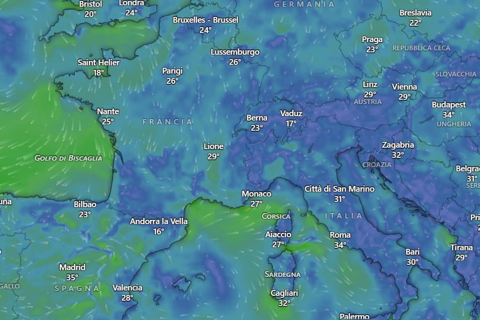 L'andamento dei venti nelle ultime ore