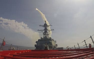 Arleigh Burke-class guided-missile destroyer USS Frank E. Petersen Jr. (DDG 121) fires a Tomahawk Land Attack Missile during operations in support of Operation Epic Fury, Feb. 28, 2026. (U.S. Navy Photo)//04SIPA_Sipa.21737/Credit:U.S. Navy Photo/SIPA/2603011537