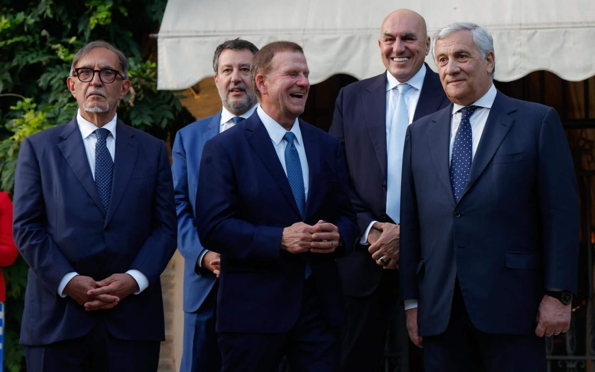 L'ambasciatore Usa a Roma, Tilman J. Fertitta con presidente del Senato Ignazio La Russa e i ministri Antonio Tajani, Matteo Salvini e Guido Crosetto  durante il ricevimento a Villa Taverna                  per i 250 anni di indipendenza degli Usa, Roma 2 luglio 2026. ANSA/GIUSEPPE LAMI
