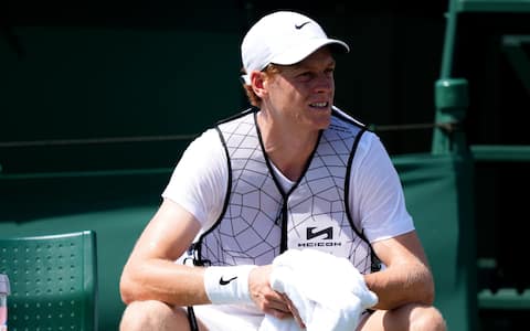 IPA86005756 - Jannik Sinner of Italy wearing an ice jacket to keep cool during a practice session at the All England Lawn Tennis and Croquet Club, London, ahead of the 2026 Wimbledon Championships. Picture date: Wednesday June 24, 2026.