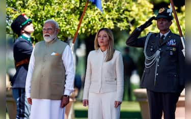 Italian Prime Minister Giorgia Meloni welcomes Indian Prime Minister Narendra Modi prior to a meeting at Villa Pamphili in Rome, Italy, 20 May 2026. ANSA/ANGELO CARCONI
