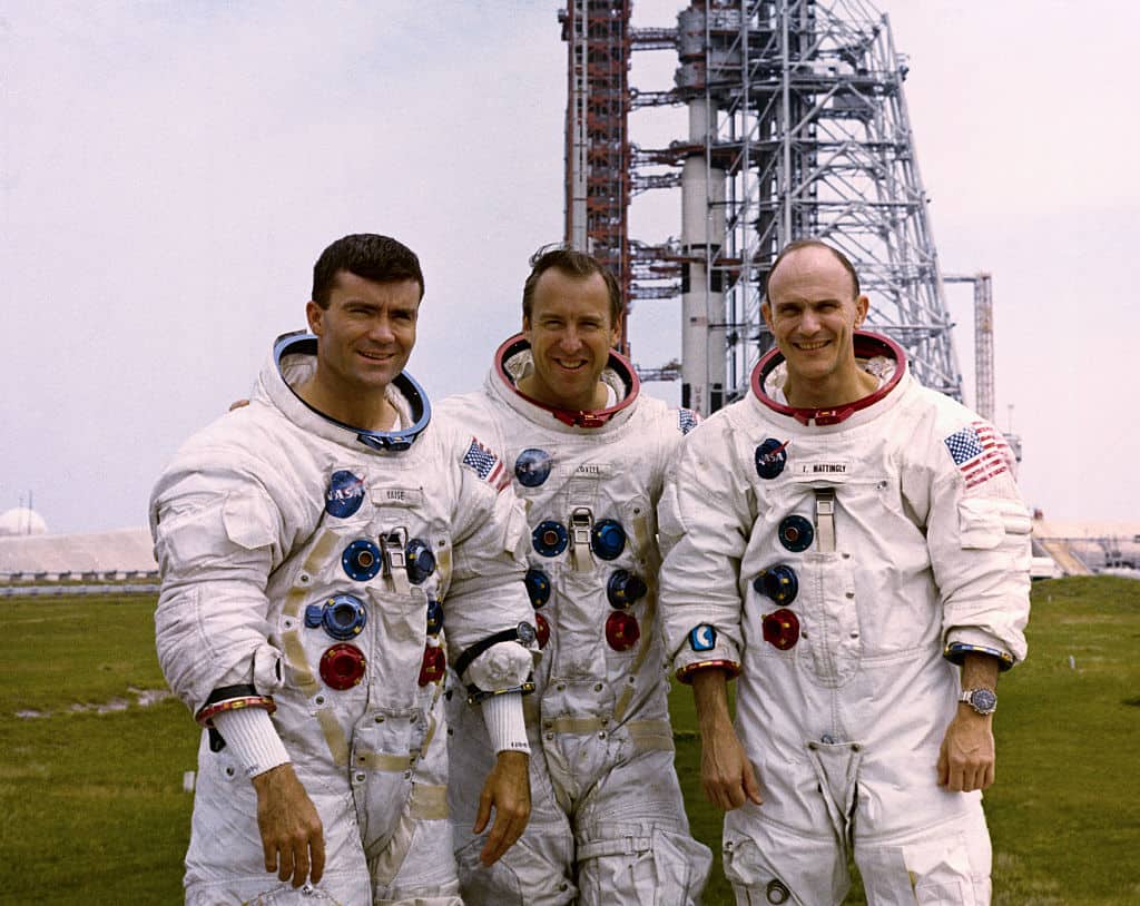 Three of the crew members of Apollo 13 (left to right), Fred Haise, Jim Lovell, and Ken Mattingly. Because of a cold, Mattingly could not go on the mission, which narrowly avoided tragedy when its spacecraft malfunctioned. and had to return to Earth without landing on the Moon, with no margin for error.