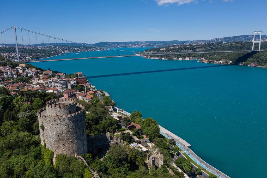 ISTANBUL, TURKEY - MAY 24: In this aerial photo from a drone, Rumeli Fortress and Bosphorus shoreline is seen empty on the first day of the Muslim holiday of Eid al-Fitr during a four-day lockdown to help stop the spread of the coronavirus on May 24, 2020 in Istanbul, Turkey. Under normal circumstances families visit the graves of loved ones on the first day of Eid , however due to the pandemic lockdowns all Eid celebrations were cancelled this year despite dropping infection rates. As of May 24, Turkey has reported 4,340 coronavirus-related deaths and 156,827 confirmed cases. (Photo by Burak Kara/Getty Images)