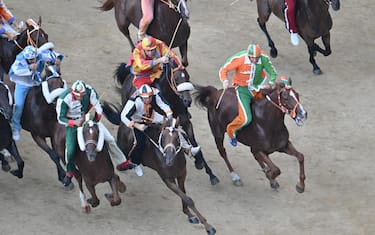 The monkey of Contranda of Lupa  named  Dino Pes    of nickname Velluto on  Benitos  wins the historical Italian horse race Palio di Siena, in Siena, Italy, 17 August 2024. The traditional horse race takes place on 17 August as the 'Palio dell'Assunta' during the holidays for the Assumption of Mary.ANSA/CLAUDIO GIOVANNINI