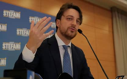 Il candidato del Centro Destra, Lega Nord, Alberto Stefani, dopo la vittoria alle elezioni tiene la sua prima conferenza stampa da prossimo Presidente della Regione Veneto, Padova, 24 Novembre 2025. 
ANSA/NICOLA FOSSELLA
