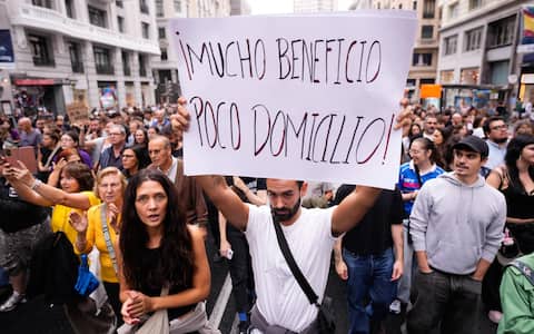 epa13278374 Protesters participate in a demonstration calling for the authorities to address the ongoing housing problems, in Madrid, Spain, 03 October 2026, a day after housing decrees introduced by the Spanish government to tackle