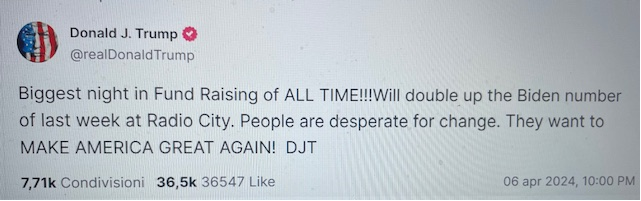 Il post di Donald Trump su Truth