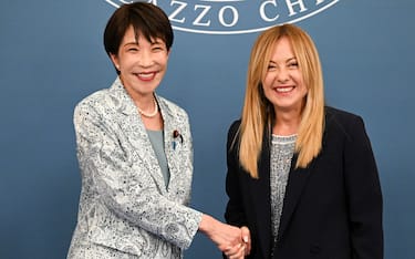 Italian Prime Minister Giorgia Meloni (R) and Japanese Prime Minister Sanae Takaichi (L) deliver declarations to the press during their meeting at Villa Pamphilij in Rome, Italy, 15 June 2026. ANSA/RICCARDO ANTIMIANI
