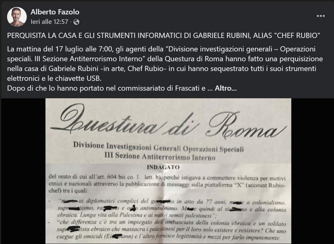 Il post su Facebook di Alberto Fazolo
