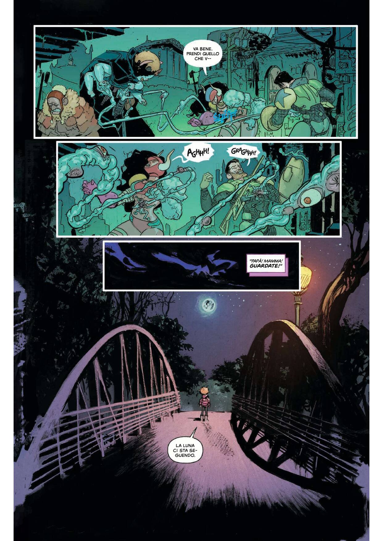 Una tavola tratta dal primo volume di The Moon is Following Us di Daniel Warren Johnson, Riley Rossmo e Mike Spicer (Saldapress)