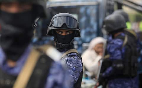 epa12055355 Houthi soldiers stand guard during a protest against the United States, in Sana'a, Yemen, 25 April 2025. Thousands of Houthi supporters took to the streets of Sana'a to protest against US airstrikes targeting several Yemeni cities since mid-March. The Houthis have launched several attacks with more than 20 drones and missiles against US military vessels in the Red Sea and shot down three US Army MQ-9 Reaper drones over Yemen in the last week, Houthi leader Abdul-Malik al-Houthi said in a televised speech.  EPA/YAHYA ARHAB