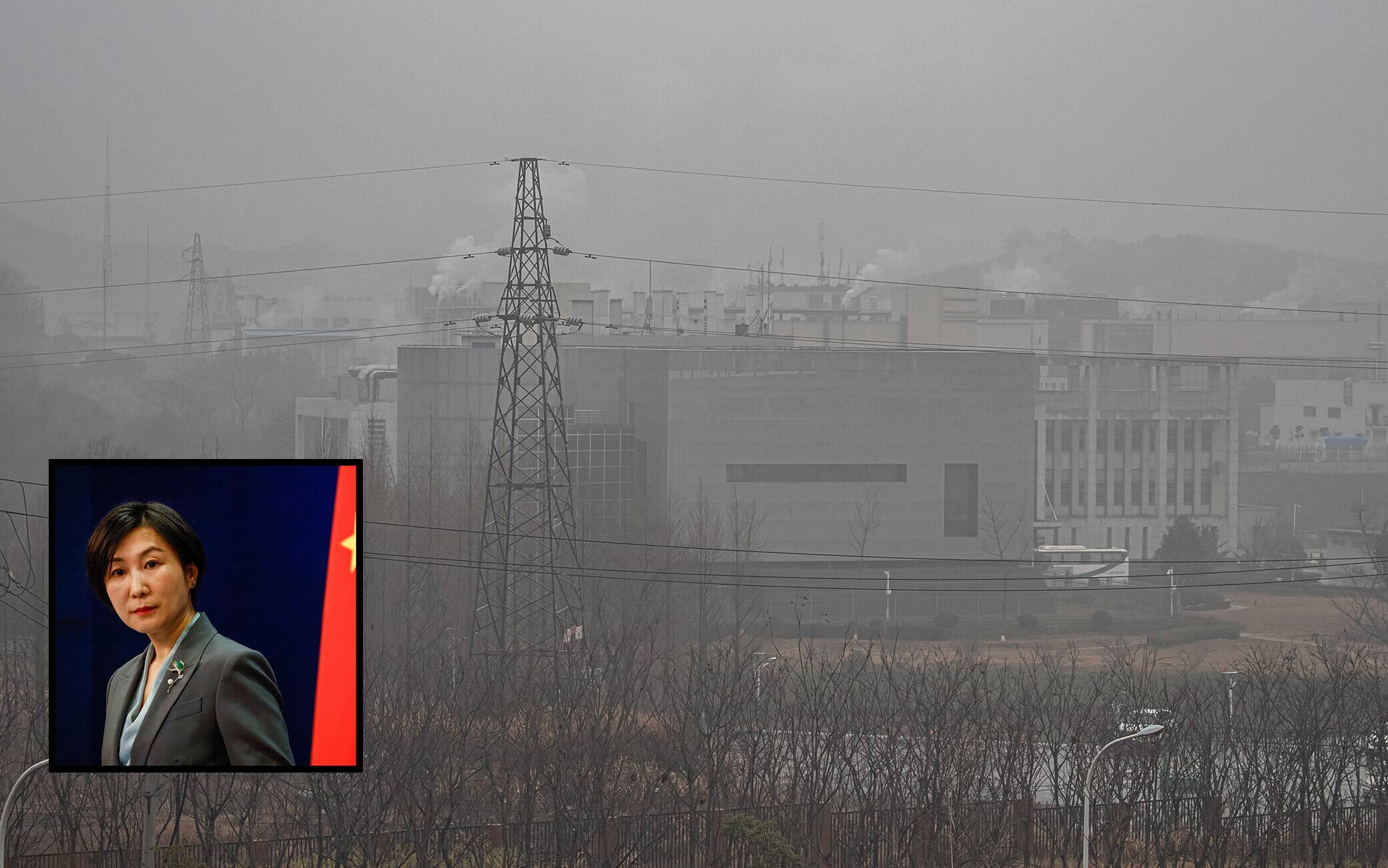 Sullo sfondo il laboratorio di Wuhan, nel riquadro la portavoce del ministero degli Esteri, Mao Ning