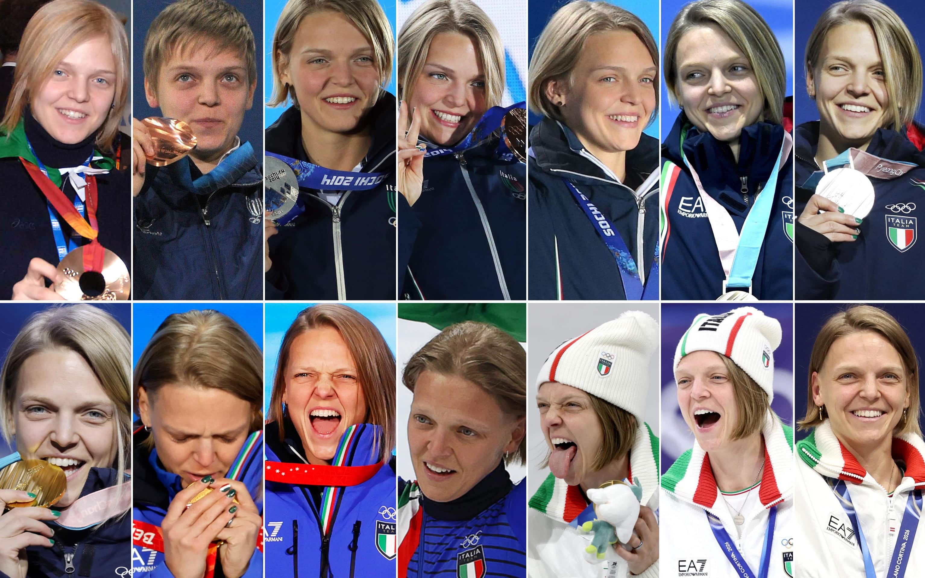 Da sx a dx:  le 14 medaglie olimpicche di Arianna Fontana disposte in ordine cronologico. L'atleta ha vinto 3 ori, 6 argenti e 5 bronzi da Torino 2006 a Milano Cortina. Passando per Vancouver 2010, Sochi 2014, Pyeongchang e Pechino 2022, ovvero sei edizioni. Il primo podio, un bronzo nell'edizione di venti anni, nella stessa gara che stasera le ha consegnato il record, la staffetta 3000 metri. Roma, 19 febbraio 2026. ANSA