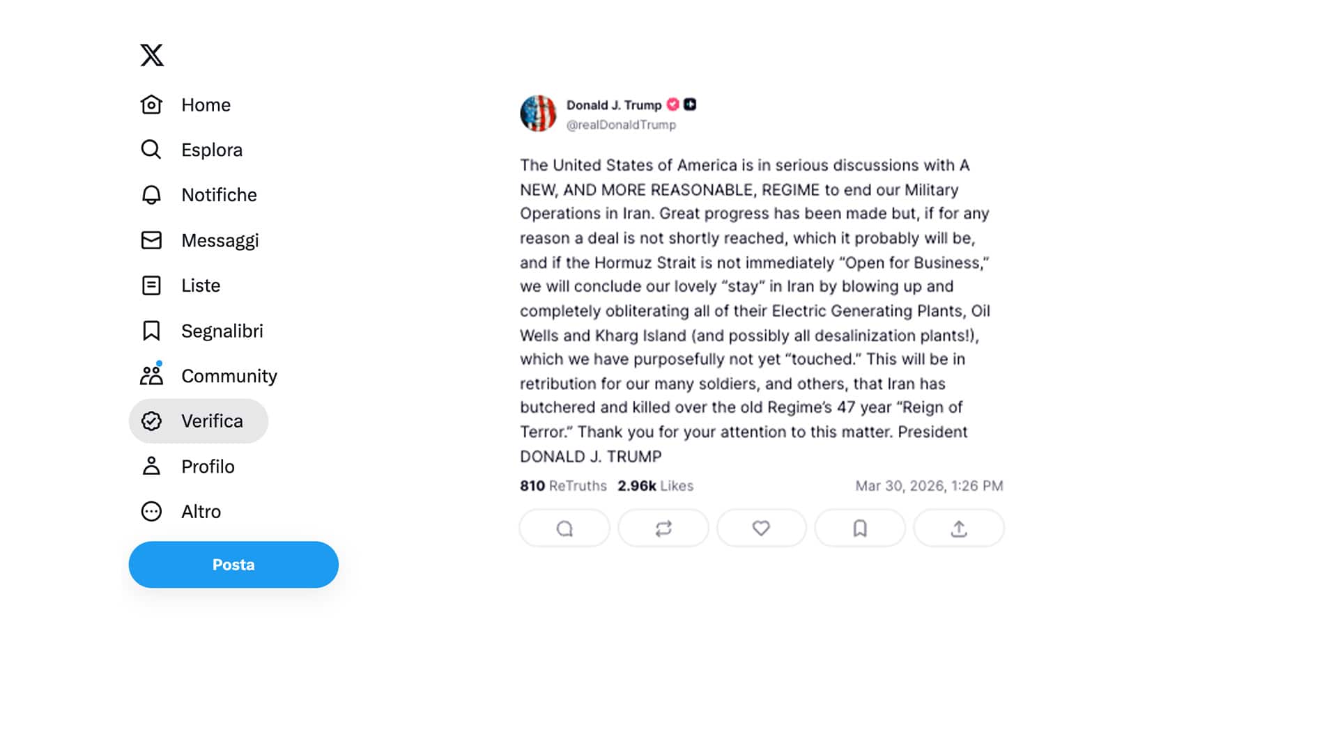 Il post di Trump su Truth