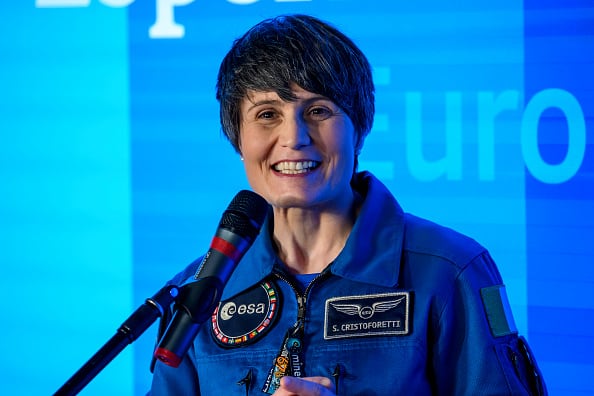 ROME, ITALY - FEBRUARY 17: Italian astronaut Samantha Cristoforetti delivers her speech during the inauguration ceremony of "Europa Space" dedicated to David Sassoli at the headquarters of the Representation in Italy of the European Commission, on February 17, 2023 in Rome, Italy. (Photo by Antonio Masiello/Getty Images)