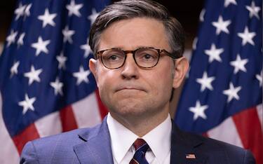 epa11492657 Speaker of the House Mike Johnson participates in a news conference with House Republican leadership on Capitol Hill in Washington, DC, USA, 23 July 2024. House Speaker Mike Johnson and House Republican leaders criticized the presidential election campaign of US Vice President Kamala Harris and her decision not to attend Prime Minister of Israel Benjamin Netanyahu's address to a joint meeting of the US Congress. Speaker Johnson also reacted to the news of Kimberly Cheatle's resignation as US Secret Service Director the day after she testified before a Congressional hearing on the 13 July attempted assassination of former US President Donald J. Trump.  EPA/MICHAEL REYNOLDS