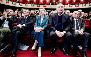 (da sx) Carlo Calenda, Letizia Moratti e Antonio Tajani durante l'evento ''Piu' liberta' Piu' crescita'' organizzato da Forza Italia presso il Teatro Manzoni a Milano, 25 gennaio 2026. ANSA/MOURAD BALTI TOUATI