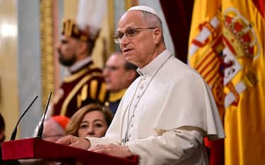 Pope Leo XIV delivers a speech during a joint session of the Spanish Parliament at the Congress of Deputies in Madrid on June 8, 2026. Pope Leo XIV is visiting Spain June 6-12 with stops in Madrid, Barcelona, and the Canary Islands, where he will meet with migrants and organisations dedicated to helping them. (Photo by Stefano RELLANDINI / AFP)