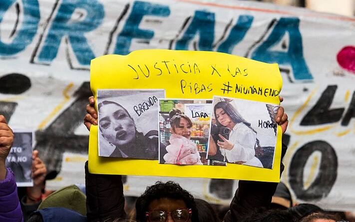 Family members, social movements, and feminists mobilize to demand justice for Lara, Brenda, and Morena, along with the three girls who are victims of femicide in La Matanza, due to a drug-related settling of scores, in La Matanza, on September 27, 2025. (Photo by Catriel Gallucci Bordoni/NurPhoto via Getty Images)