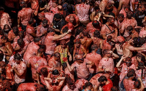 IPA87805430 - August 26, 2026, BuÃ±Ol, Valencia (Valencian Comm, Spain: Several participants in the Tomatina festival in BuÃ±ol celebrate during the event on 26 August 2026, in BuÃ±ol, Valencia, the Valencian Community (Spain). La Tomatina is always held on the last Wednesday in August, as part of BuÃ±olâ€™s festival week, and involves participants throwing tomatoes at one another. Seven lorries were needed to transport the 150,000 kilos of tomatoes that were thrown during this unusual battle, which this year marks its 79th anniversary.[**********]..26 AUGUST 2026;CELEBRATIONS;TRADITION;FESTIVAL;EVENT;CULTURE..Rober Solsona / Europa Press..08/26/2026 (Credit Image: © Rober Solsona/Contacto via ZUMA Press)