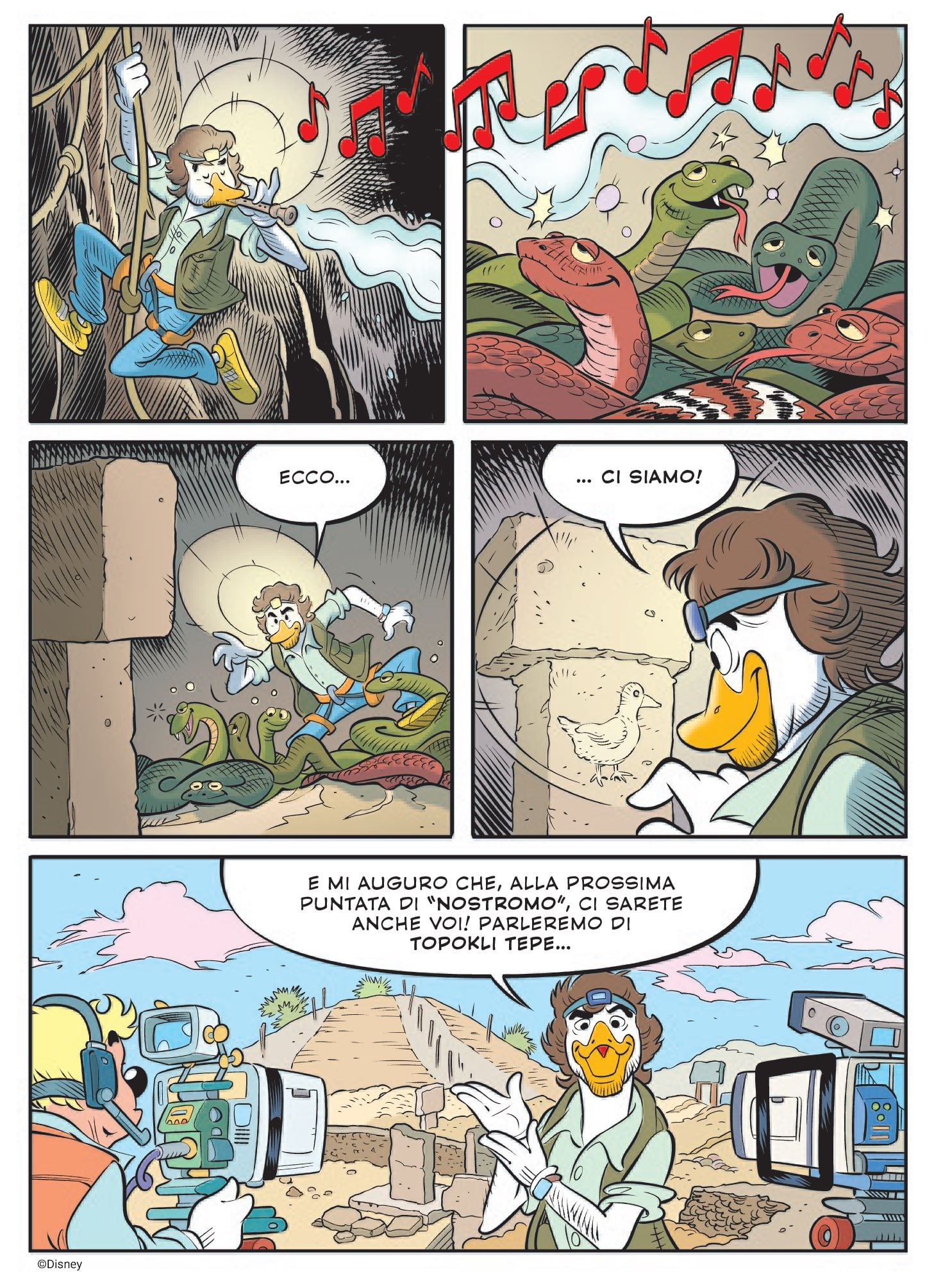 Una tavola di "Topolino e l’enigma di Topokli Tepe" prima storia che vede Alberto Angela paperizzato nel ruolo di Albert Quarky