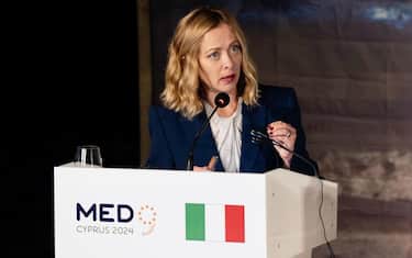 Italy's Prime Minister Giorgia Meloni during a press conference at the MED9 Summit in the Cypriot city of Paphos on October 11, 2024. Leaders from nine European countries around the Mediterranean Sea met in Cyprus on October 11 to discuss the wars in the Middle East, which they fear will fuel migration and threaten their own security. ANSA/FILIPPO ATTILI/US PALAZZO CHIGI +++ NO SALES, EDITORIAL USE ONLY +++ NPK +++