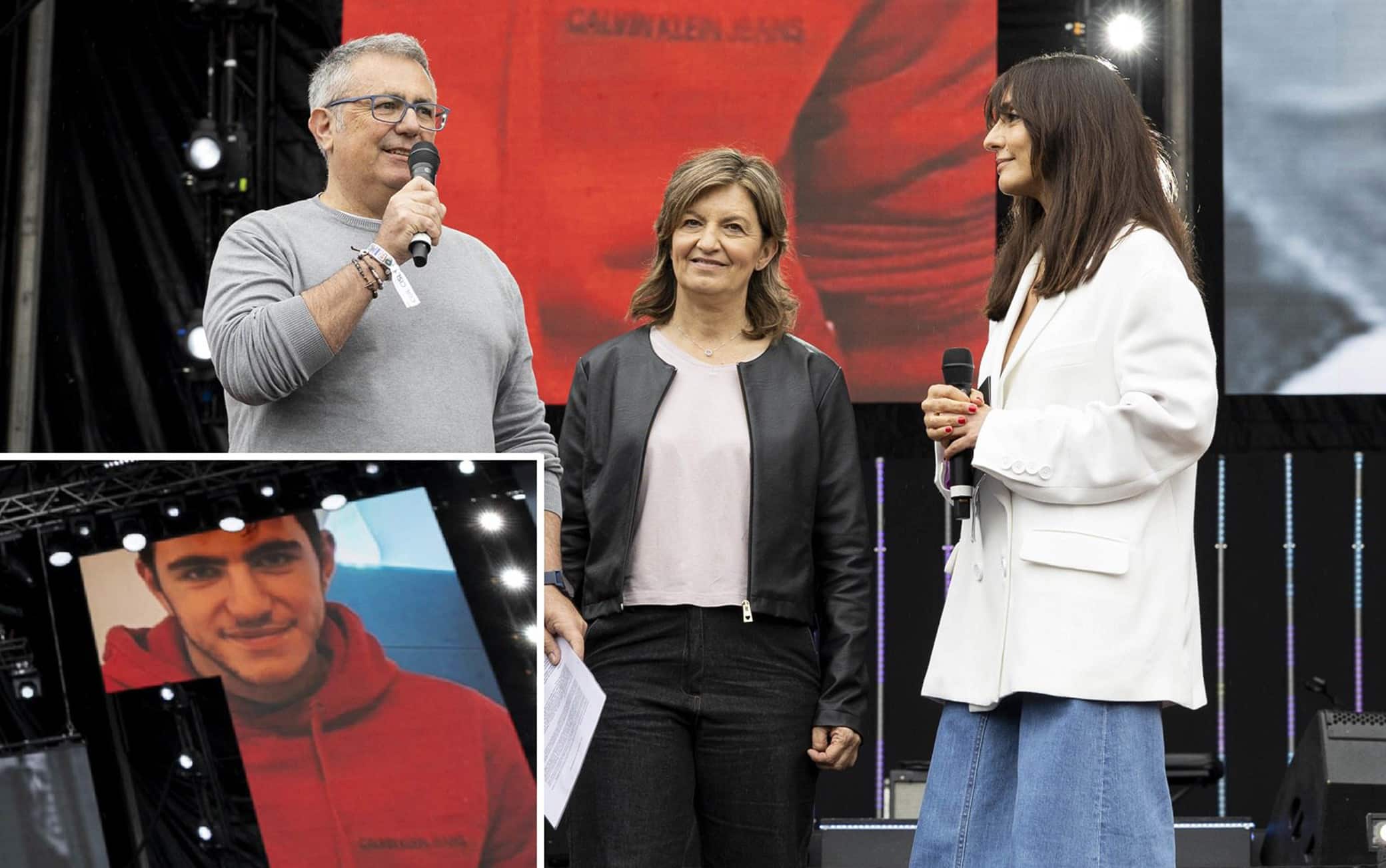 I genitori di Lorenzo Parelli sul palco del concerto del Primo Maggio, nel riquadro il giovane morto durante lo stage