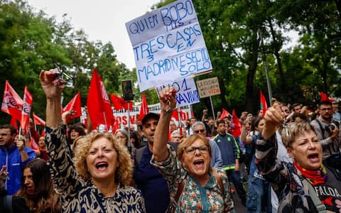 epa13278313 People take part in a demonstration against the housing crisis in Madrid, Spain, 03 October 2026. Several demonstrations across the main cities of Spain are calling on the authorities to solve the housing problems. The eviction of an 87-year-old woman from her rental home after 70 years on 23 September 2026 prompted people across the country to take to the streets against the ongoing housing crisis. The government failed on 02 October in its attempt to pass its proposed emergency housing decrees in the Lower Chamber of the Spanish Parliament.  EPA/Daniel Gonzalez