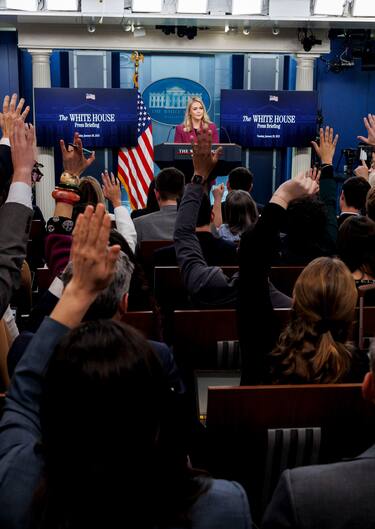 Karoline Leavitt, White House press secretary, during a news conference in the James S. Brady Press Briefing Room of the White House in Washington, DC, US, on Tuesday, Jan. 28, 2025. The Trump administration is facing a lawsuit over a new plan to pause a wide range of payments of federal grants, loans and assistance, a move that could affect the flow of billions of dollars across the country. Photographer: Samuel Corum/Politico/Bloomberg via Getty Images