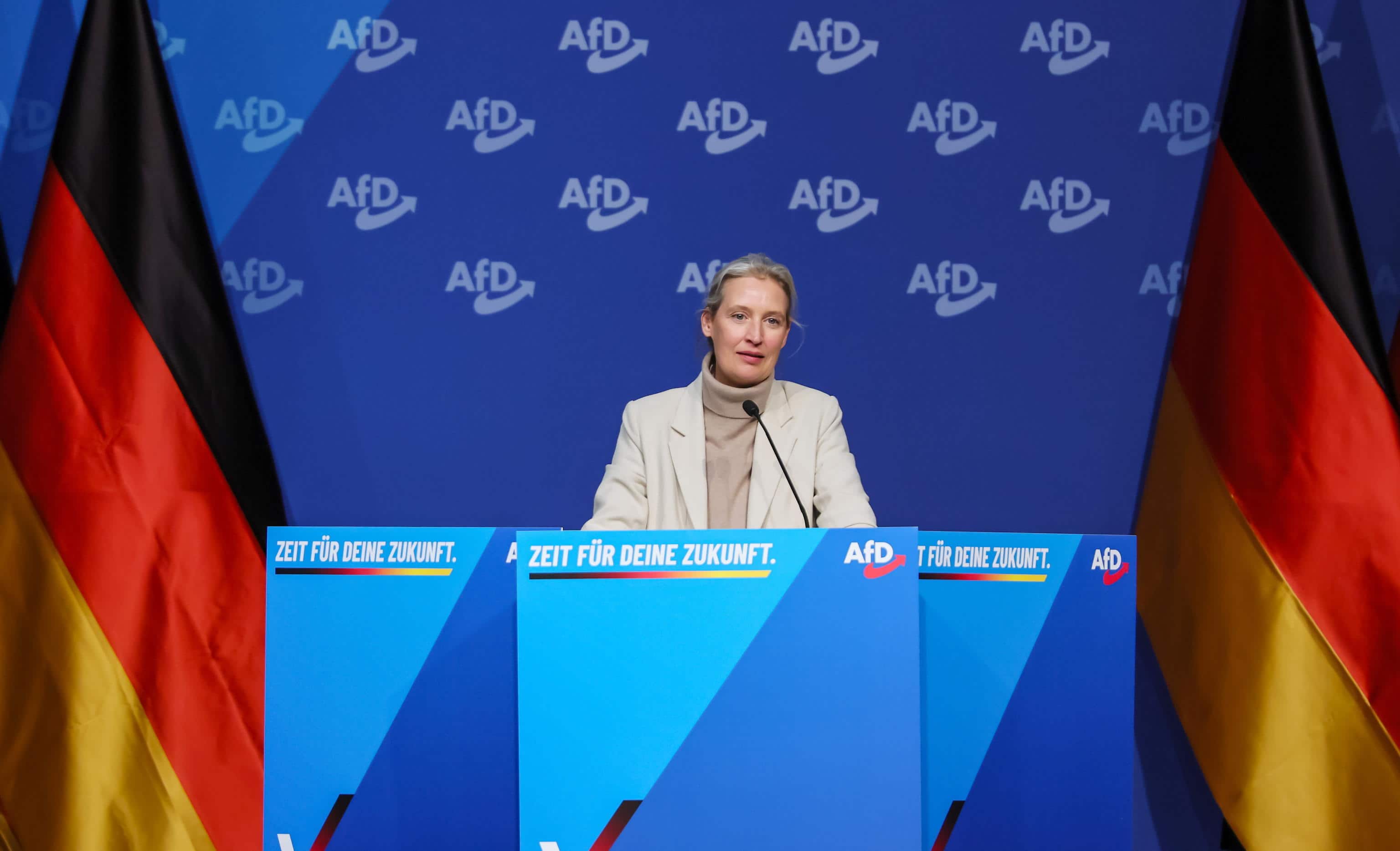 epa12556736 AfD Co-Chairwoman Alice Weidel speaks during a founding congress of the new youth wing of the Alternative for Germany (AfD) party in Giessen, Germany, 29 November 2025. The far-right party is launching a new youth organization, called 'Generation Deutschland' (Generation Germany). Its predecessor was declared to be right-wing extremist by German security authorities. The police estimate that 40,000 anti-AfD demonstrators could come to Giessen.  EPA/RONALD WITTEK
