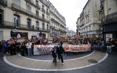 epa13284855 High school students and members of education unions march with a banner reading 'We are missing our lessons to give you one' (R) during a national day of protest against education conditions in Montpellier, southern France, 06 October 2026. The demonstration comes amid a nationwide wave of protests across France against severe teacher shortages, overcrowded classrooms, a lack of resources, and poor learning conditions ahead of upcoming national budget decisions.  EPA/GUILLAUME HORCAJUELO