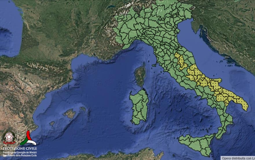 La mappa dell'allerta gialla per giovedì 23 luglio diffusa dalla protezione civile