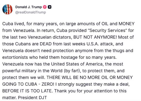 Il post di Trump su Truth