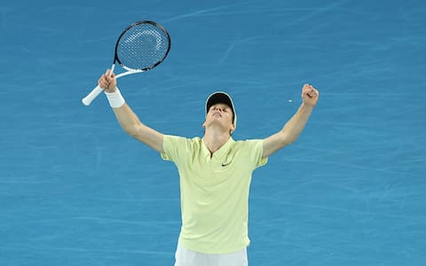 MELBOURNE, AUSTRALIA - JANUARY 26: Jannik Sinner of Italy celebrates winning the championship point against Alexander Zverev of Germany in the Men's Singles Final during day 15 of the 2025 Australian Open at Melbourne Park on January 26, 2025 in Melbourne, Australia. (Photo by Cameron Spencer/Getty Images)