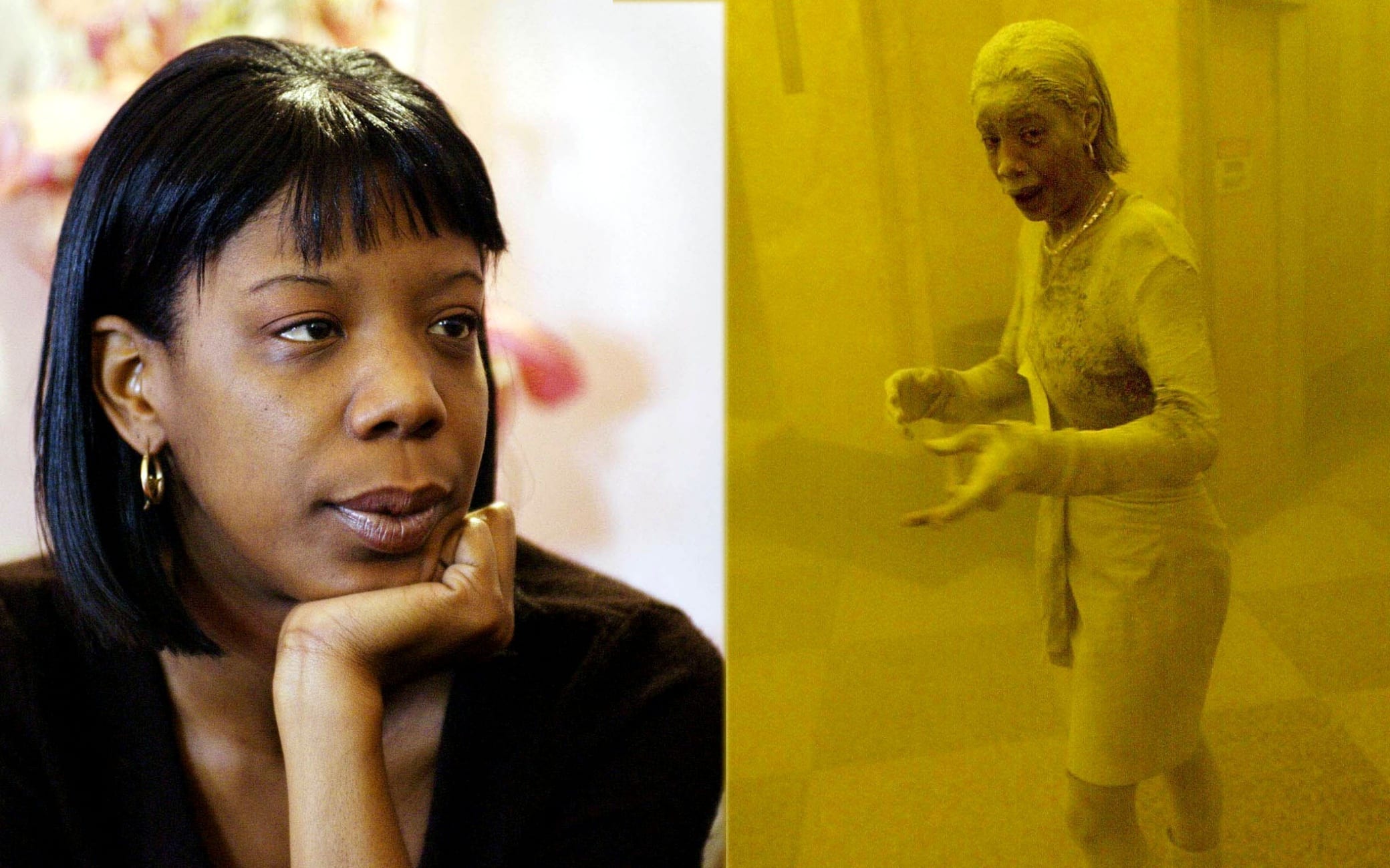This combo photo shows Marcy Borders 11 September 2001 after the the attacks on the World Trade Center (R) and Borders during an interview in her apartment 08 March, 2002, in Bayonne, New Jersey. She was on the 81st floor of the first tower that was struck. Borders lost her job and has received little in assistance since the attack.  US-WTC-THEN AND NOW-MARCY BORDERS      AFP PHOTO/Stan HONDA (Photo by STAN HONDA / AFP) (Photo by STAN HONDA/AFP via Getty Images)